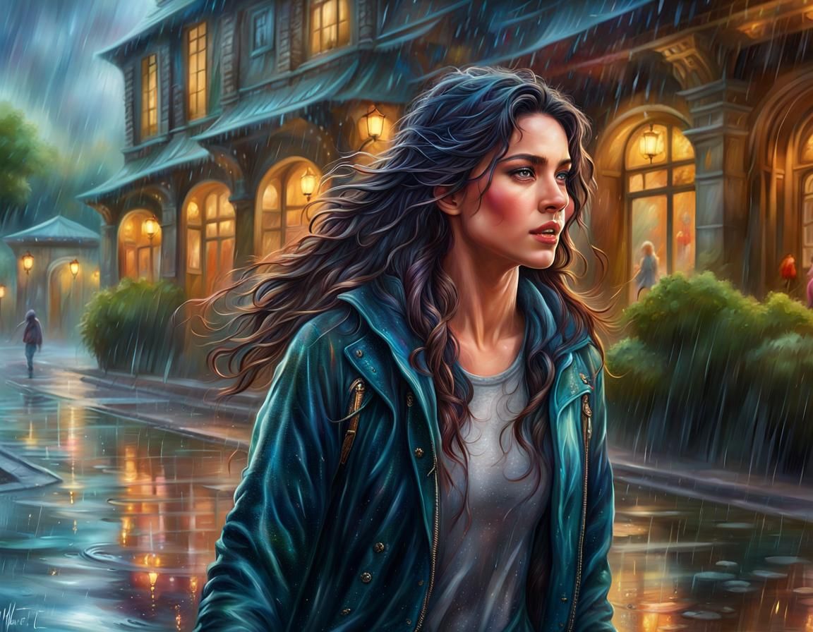 Cheerful Girl Walks in Rainy Park: Digital Illustration