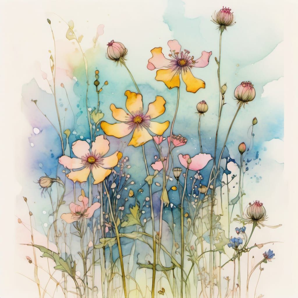 Delicate Pale Pink Wildflowers in Detailed Watercolour