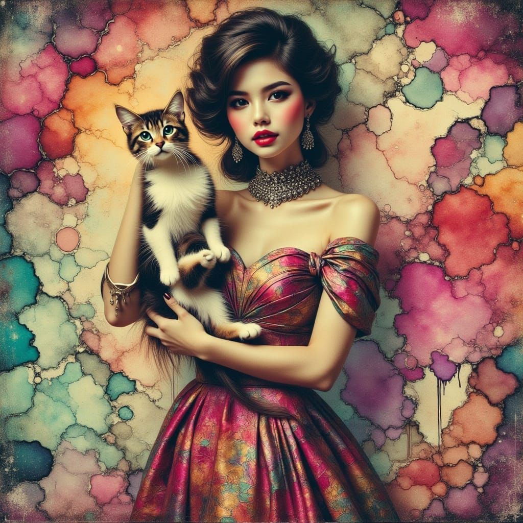 Elegant Woman with Cat in Polaroid Style