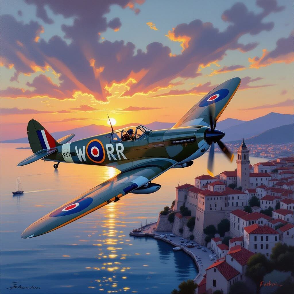 Spitfire Banks Over Taranto in Aviation Art Style