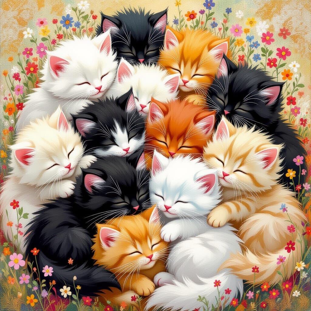 Fluffy Kittens Cuddle Pile in Whimsical Style