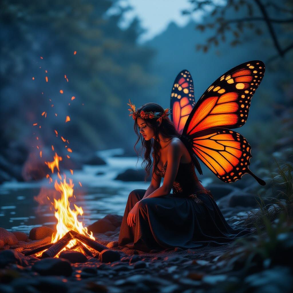 Fire Fairy Kneeling by Lava Stream at Night