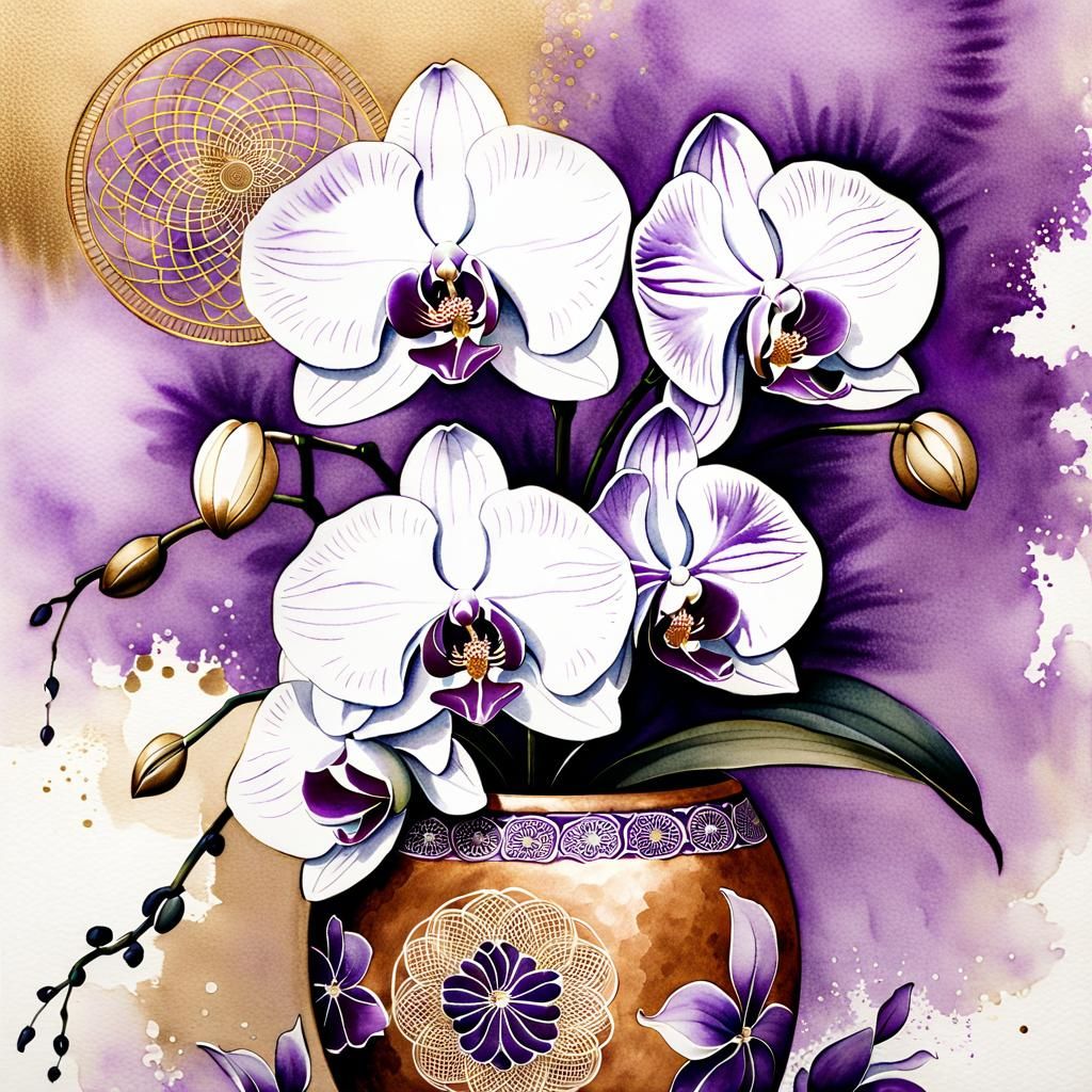 Orchid Flowers in Terracotta Vase as Chinese Ink Painting