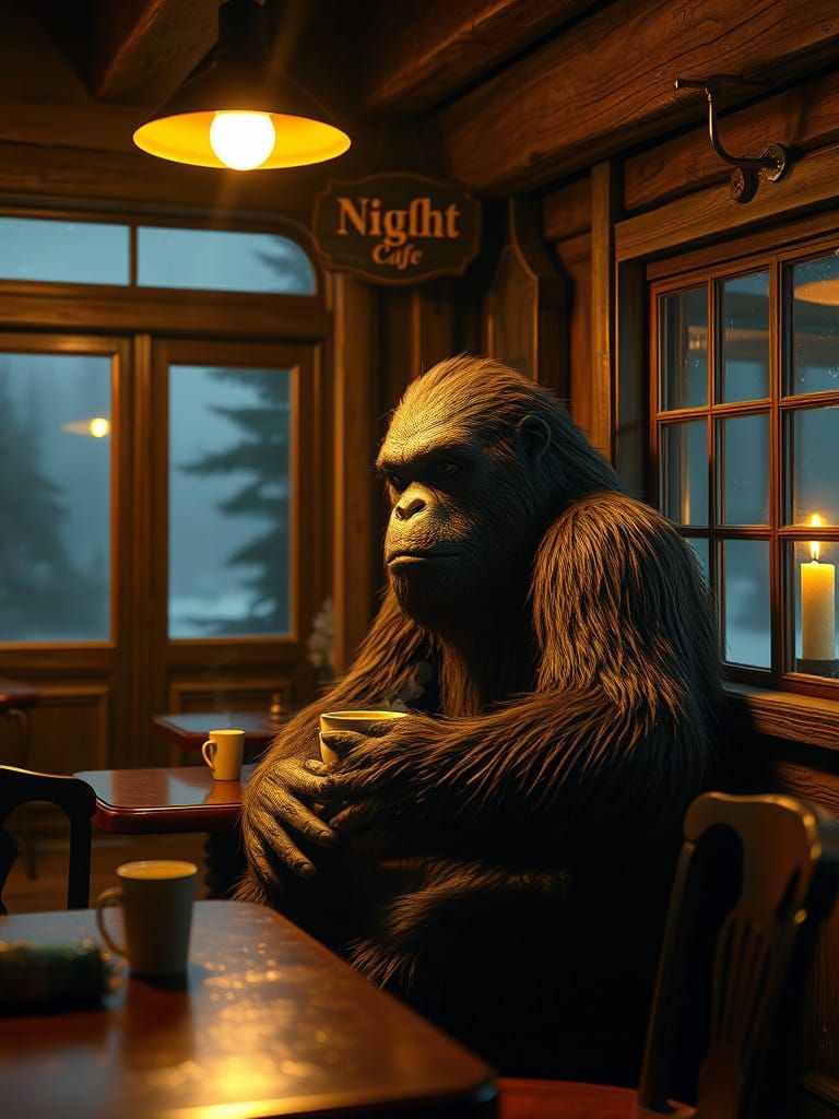 Stunning Stop-Motion Scene in Cozy Night Café with Sasquatch