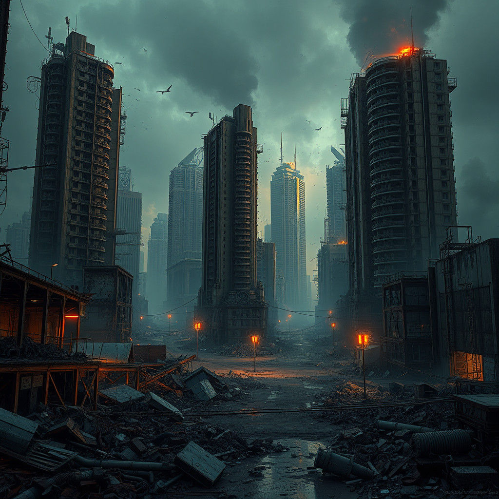 Post-Apocalyptic Cityscape in Ruins: Dystopian Art