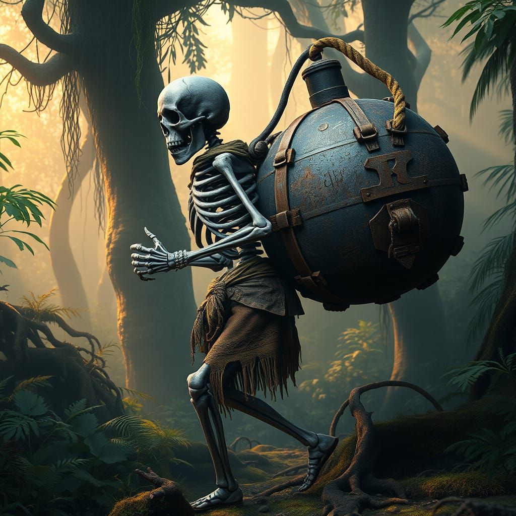 Skeleton Warrior Carries Ancient Bomb in Mystical Jungle