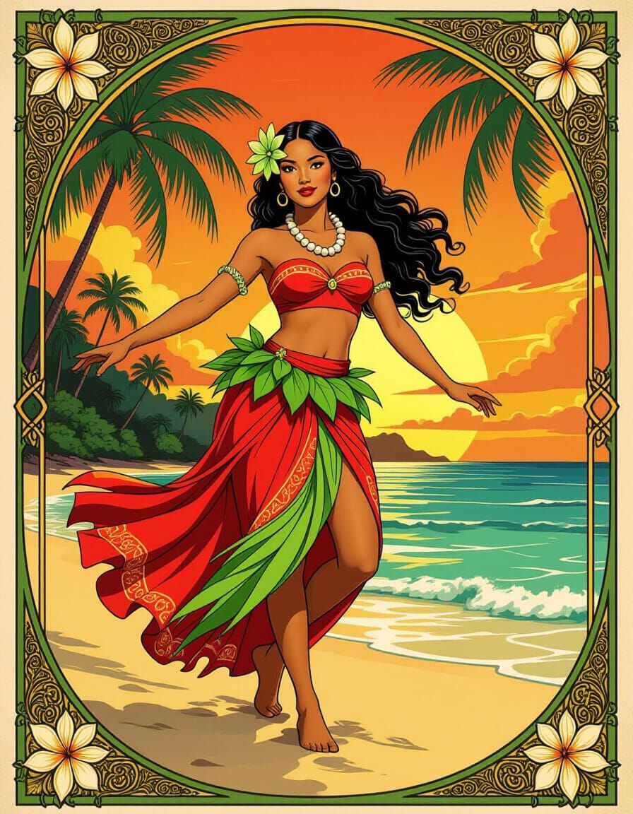 Polynesian Hula Girl on Sunset Beach in Art Nouveau Style
