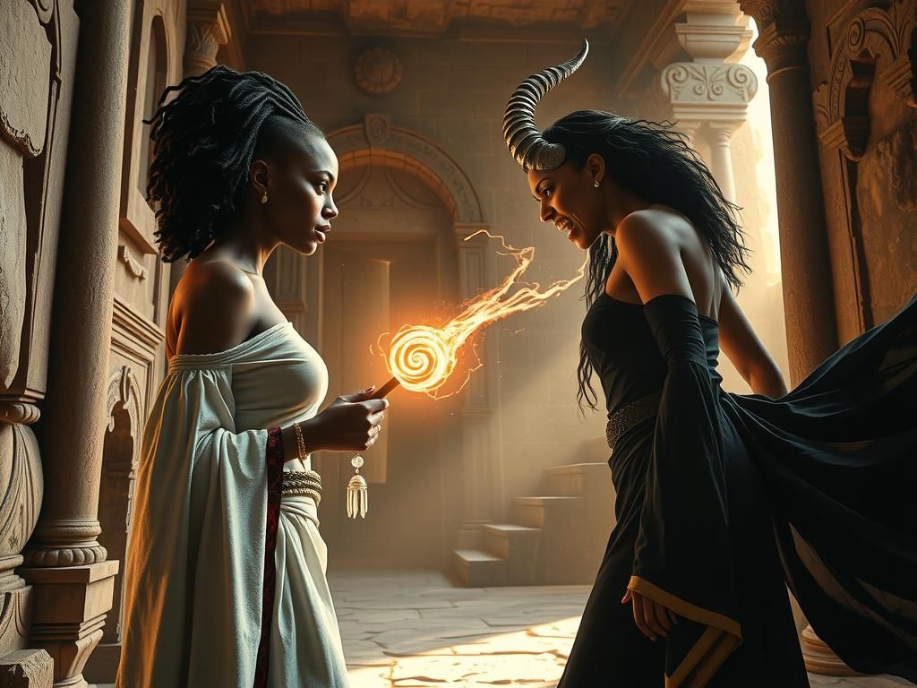 African Sorceress Confronts Demoness in Ancient Temple