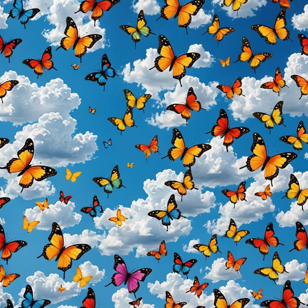Butterfly Sky: Colorful Insects in a Cloudy Blue Sky