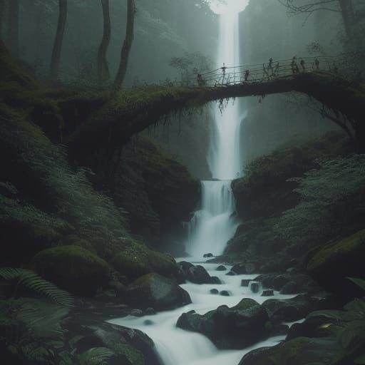 Elven Queen and Handmaiden in Forest Waterfall Scene