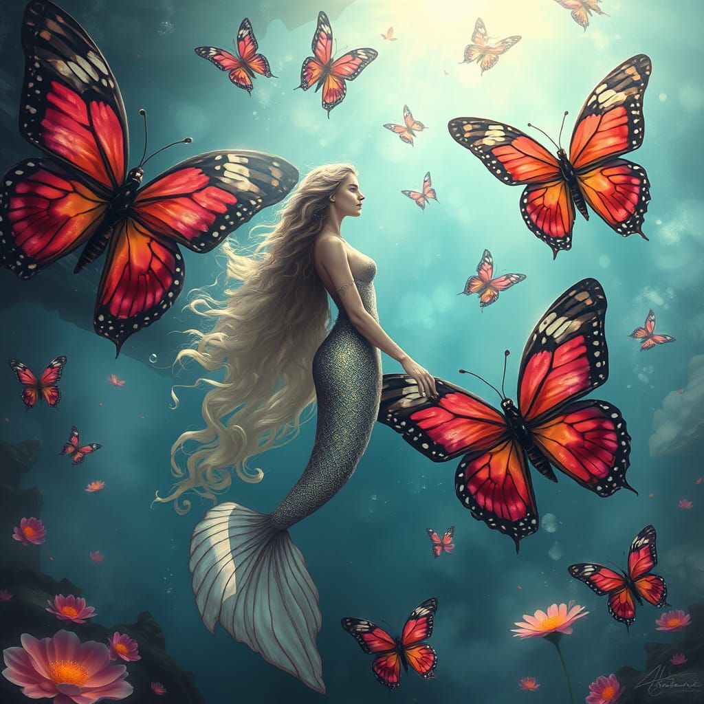 Ethereal Mermaid with Butterflies in Dreamy Landscape