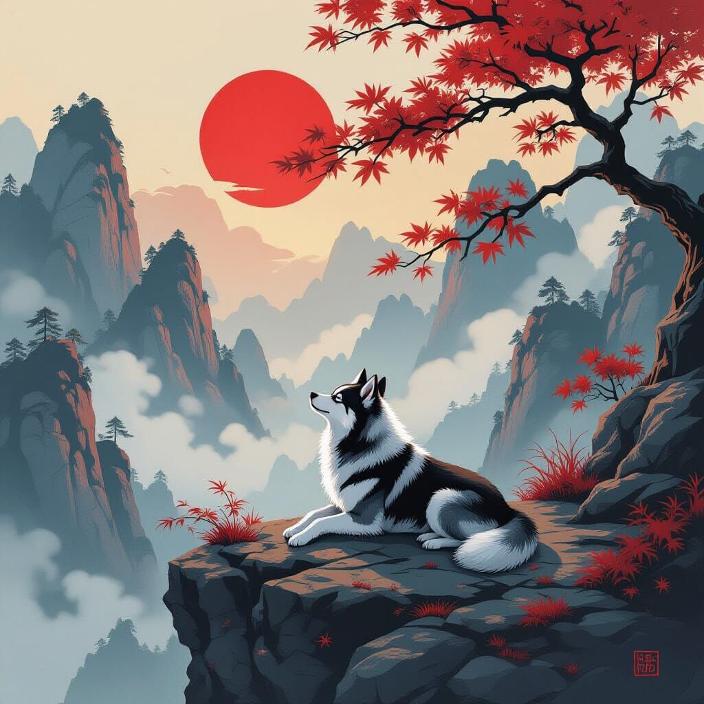 Husky Gazes at Red Sun in East Asian Brushwork Style