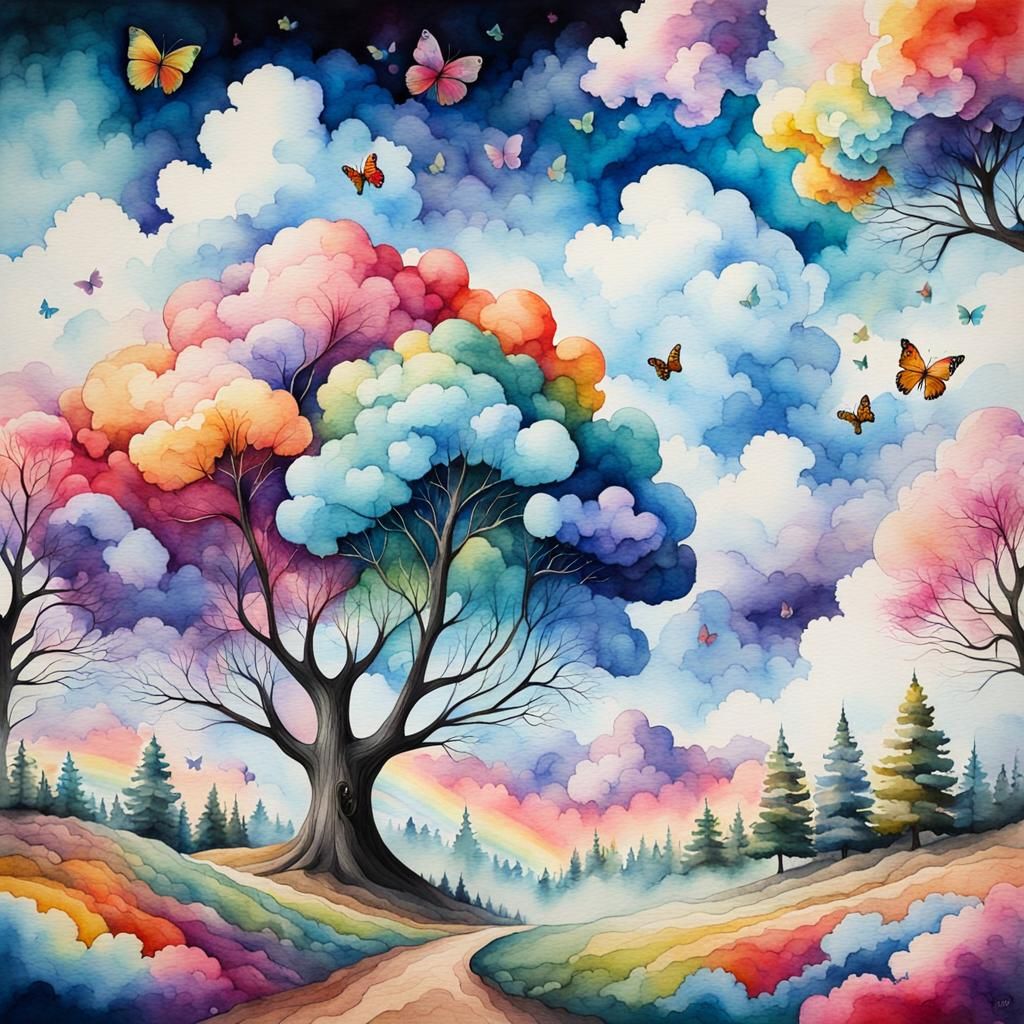 Dreamlike Landscape with Fractal Clouds in Watercolor