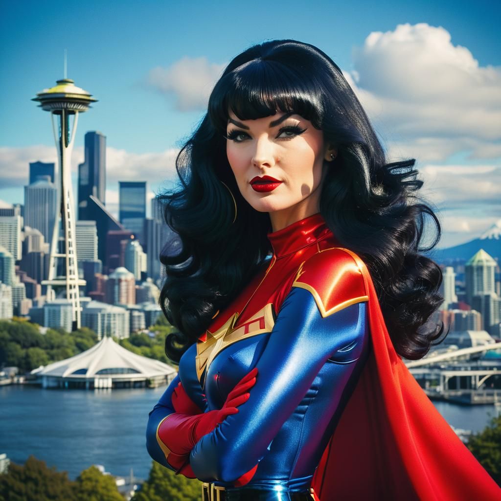 Bettie Page Superhero in Seattle: Cinematic Photograph