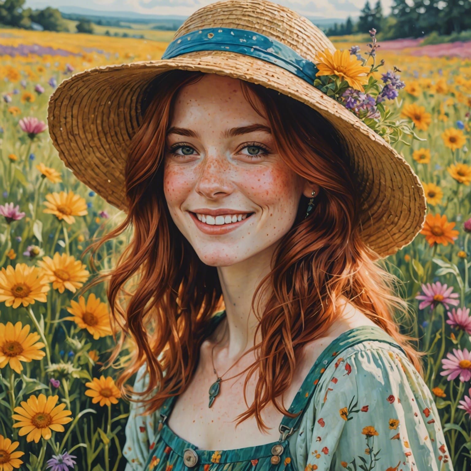 Cottagecore Woman in Flower Field, Ghibli Style