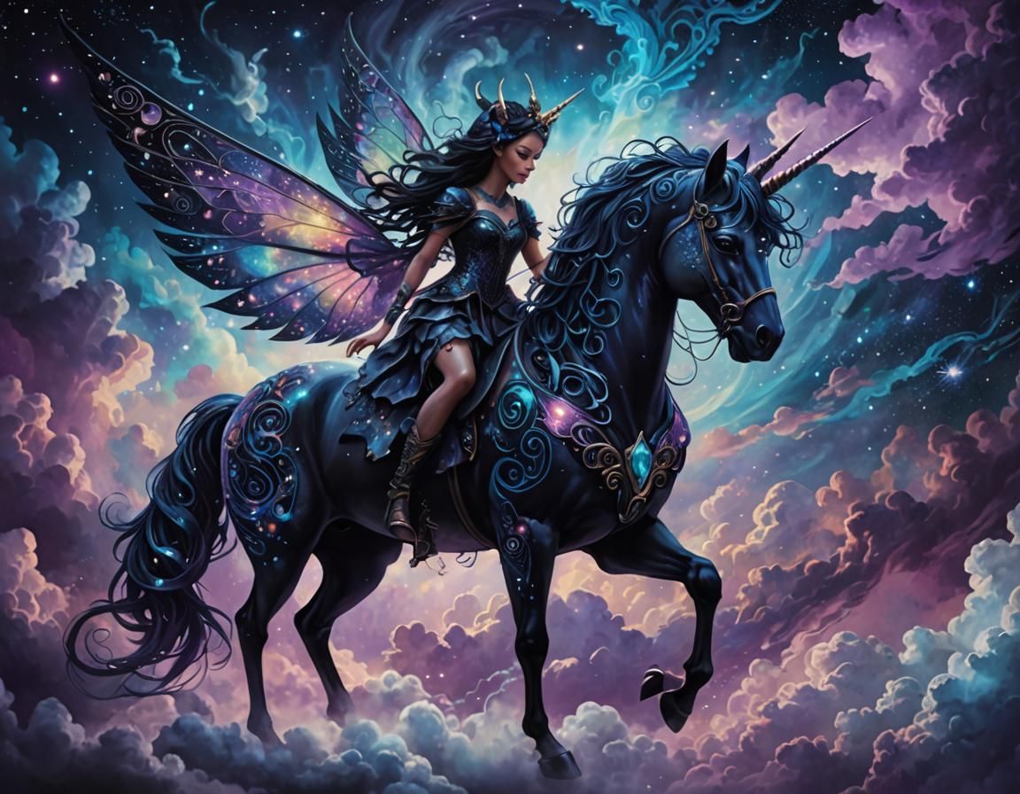 Dark Fairy and Black Unicorn in Cosmic Dreamscape