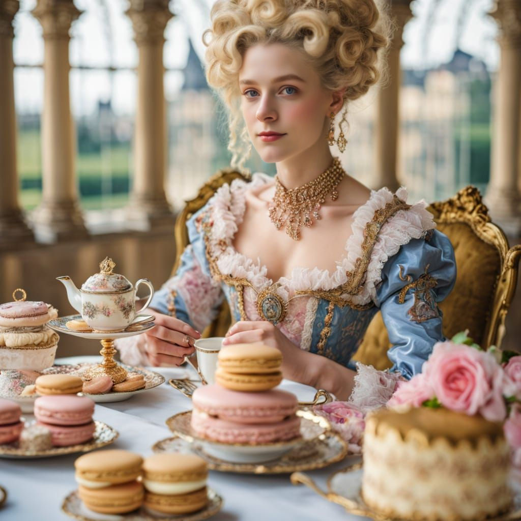 Regal Young Marie Antoinette Sips Tea in Rococo Splendor