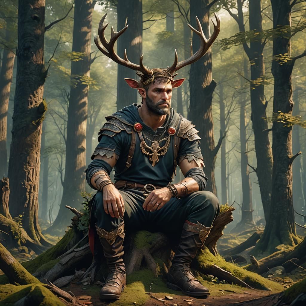 Gallic God Cernunnos in Forest, Fantasy Art