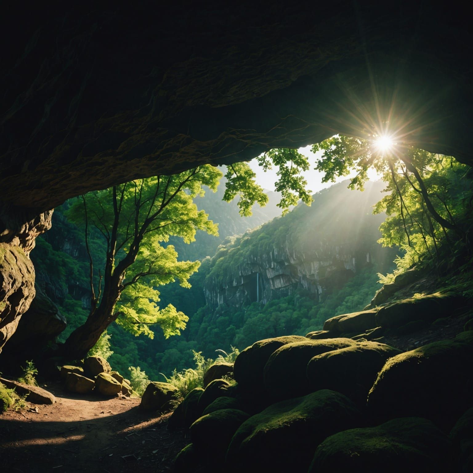Sunlit Cave Opening to Forest, Cinematic View