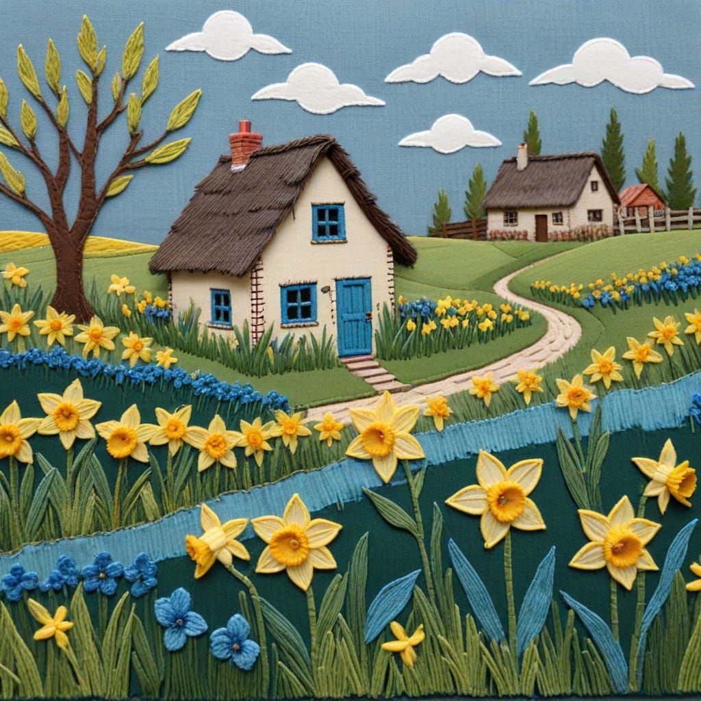 Vintage Embroidered Cottage with Daffodils in a Field