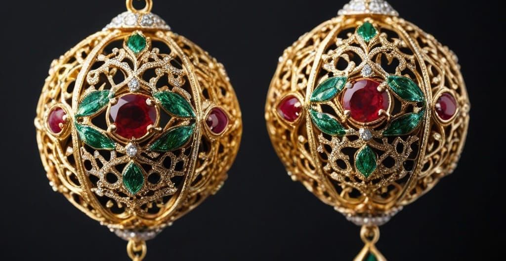 Macro extreme close-up fisheye lens photography. Gold filigree Cartier earrings decorated with emeralds, diamonds, and r...