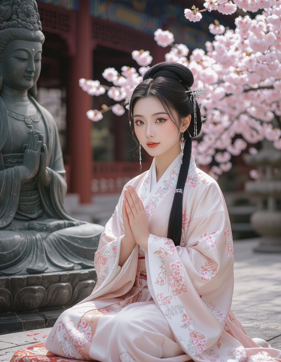 Young Woman Praying Before Buddhist Goddess Statue