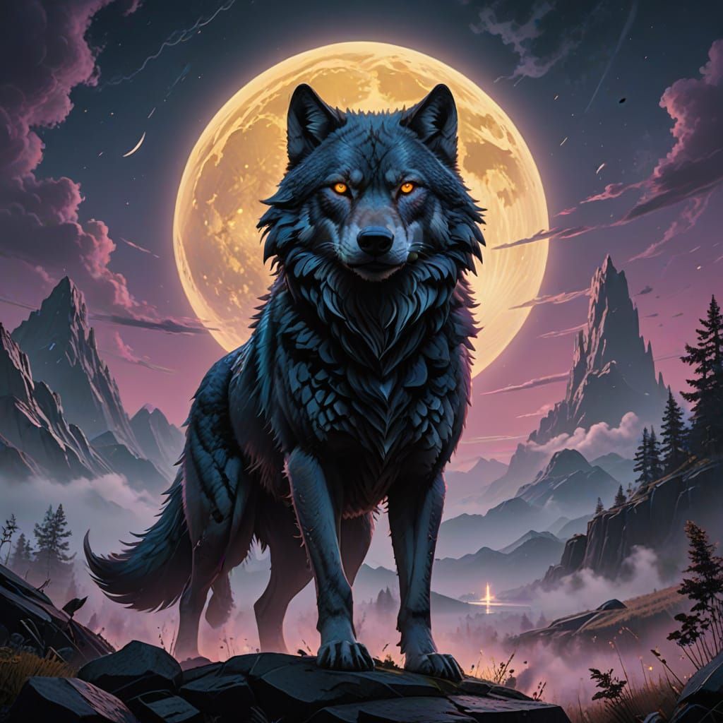 Wolf Gazing at a Full Moon in a Vibrant, Swirling Cloudscape