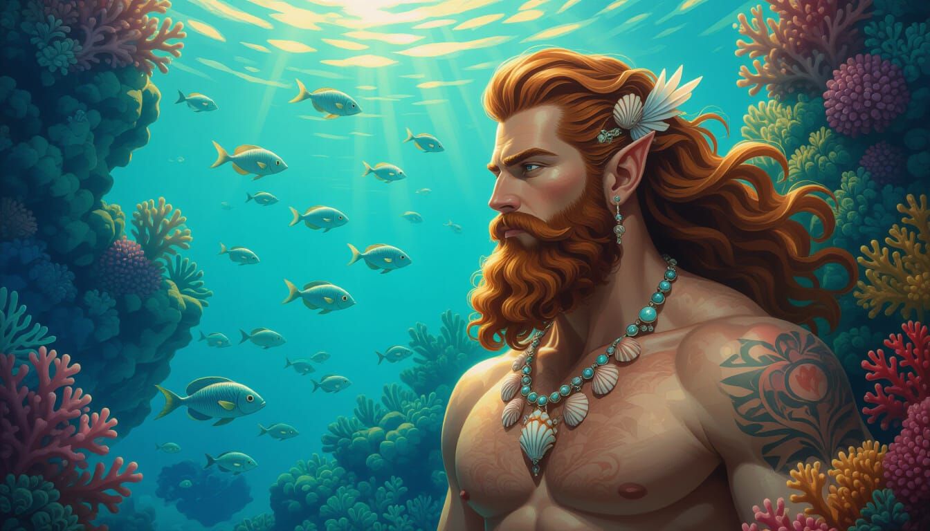 Merman Surveys Coral Kingdom in Baroque Style