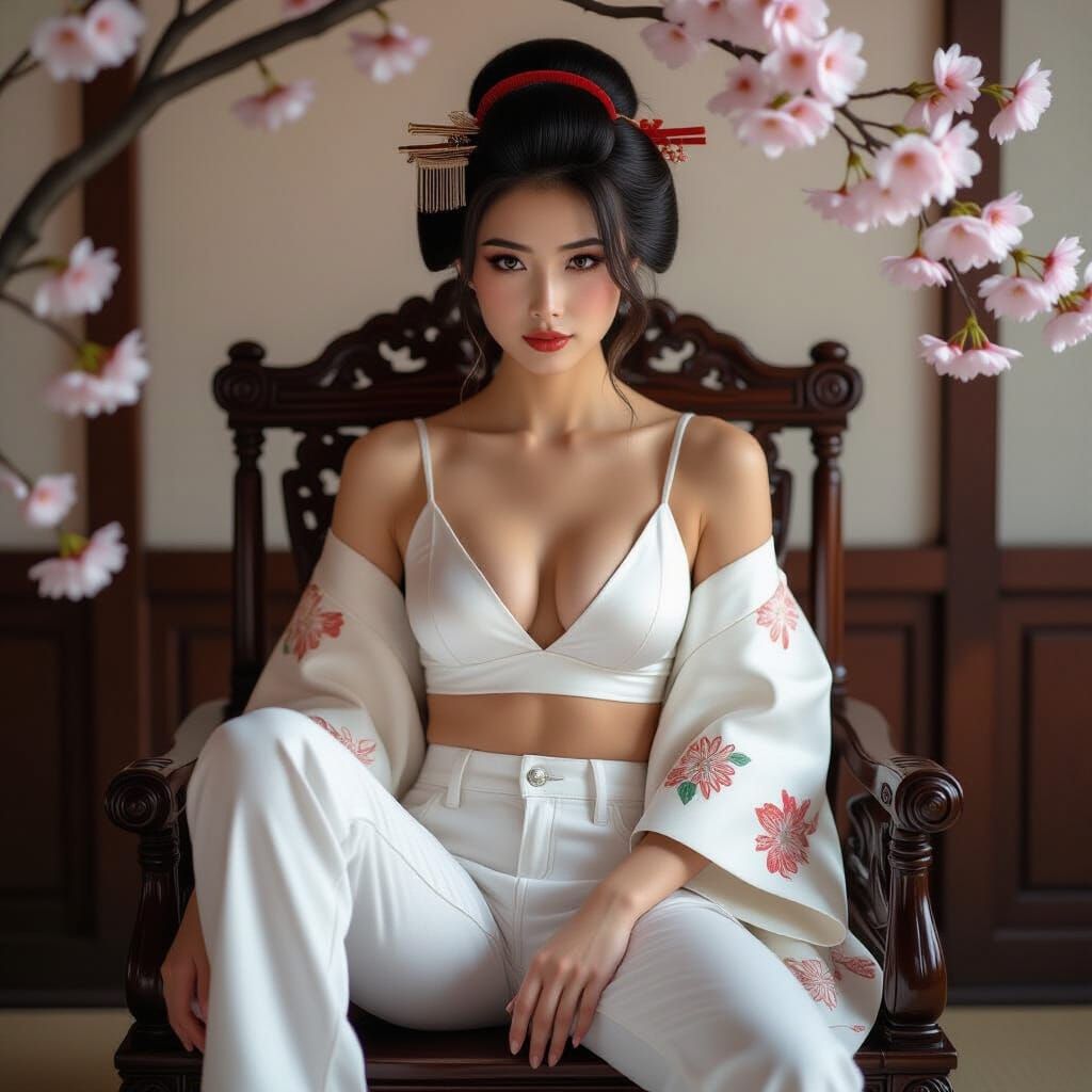 Geisha in Modern Attire with Traditional Japanese Accents