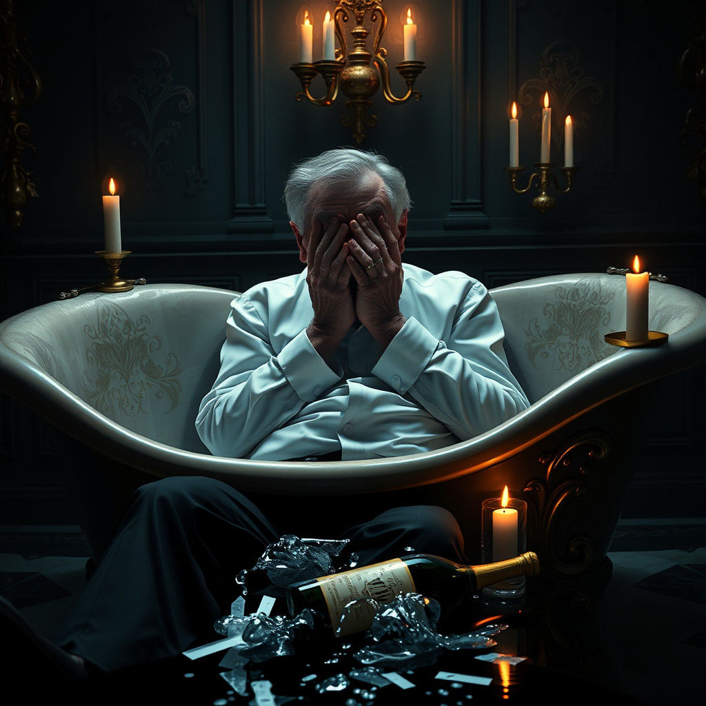 Sorrowful Figure in Ornate Bathtub, Tragic Drama