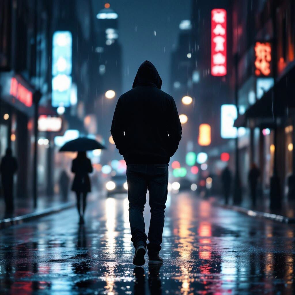 Man Walks Away on Rainy Street: Cinematic Realism