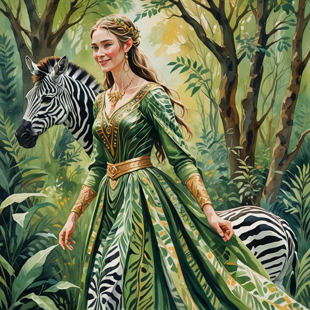 Elven Woman and Zebra in Gouache Style