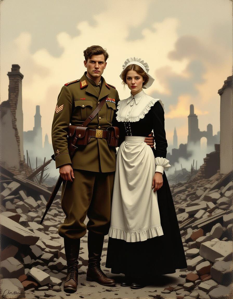 Wartime Couple in Ruins, Somber Portrait