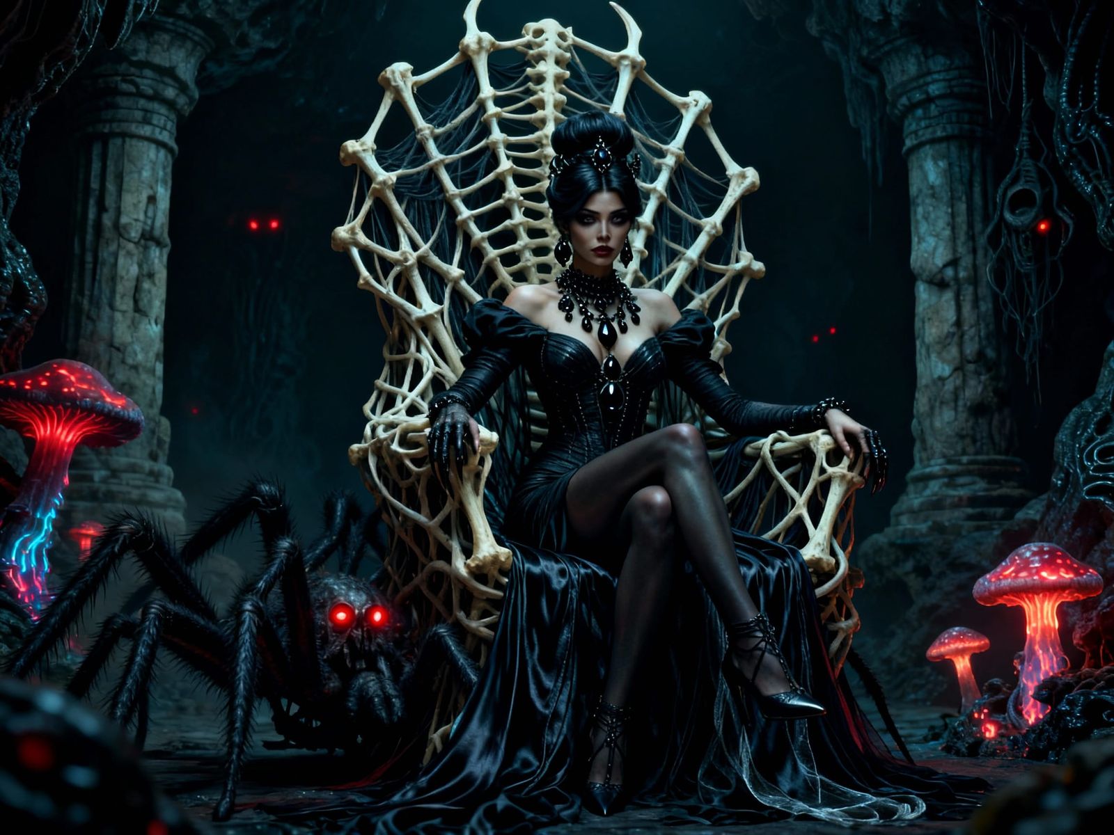 Spider Queen on Bone Throne in Dark Lair