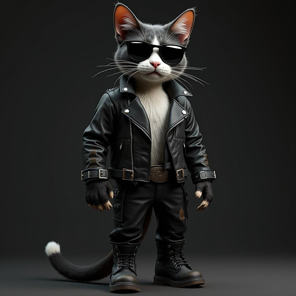 Cyberpunk Cat Noir Character in Black Leather Jacket and Sun...