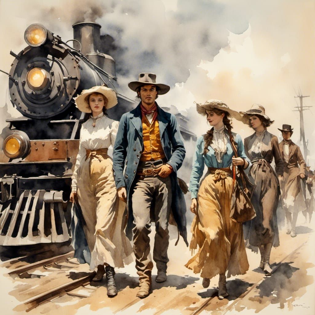 Cowboy and Women at Cheyenne Train Station in Watercolor
