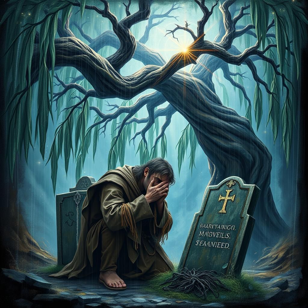 Sorrowful Medieval Man Kneeling in Astral Storm