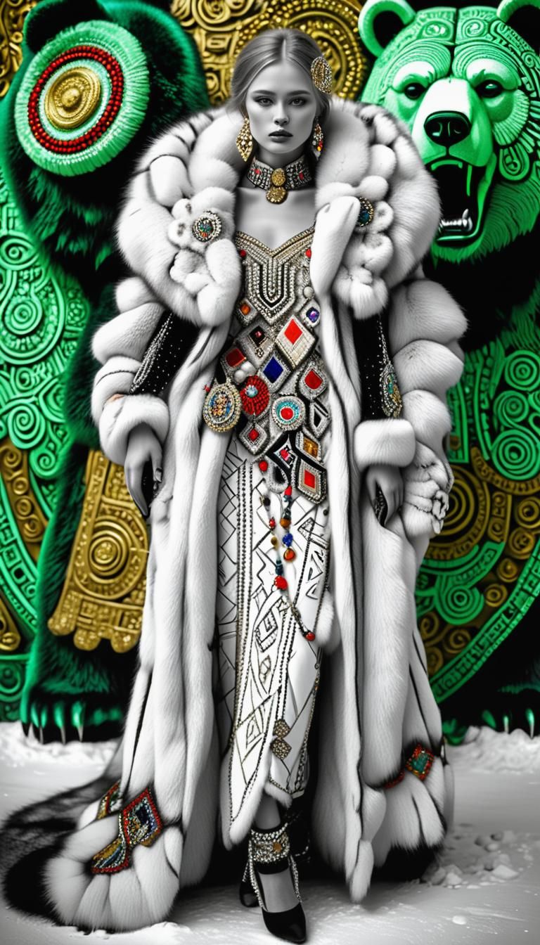 Russian Girl with Bear Sculpture in Klimt Style