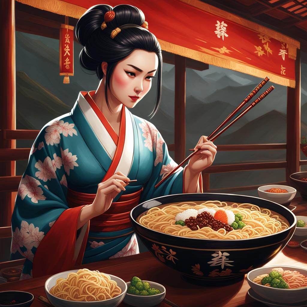 Woman Eating Ramen Noodles in Chinese Art Style