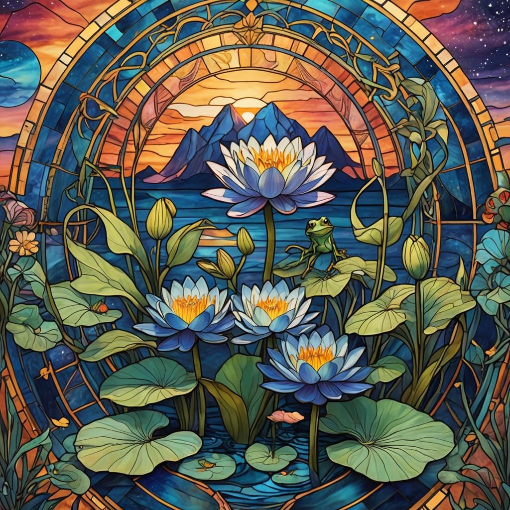 Art Nouveau Stained Glass: Water Lily and Frog