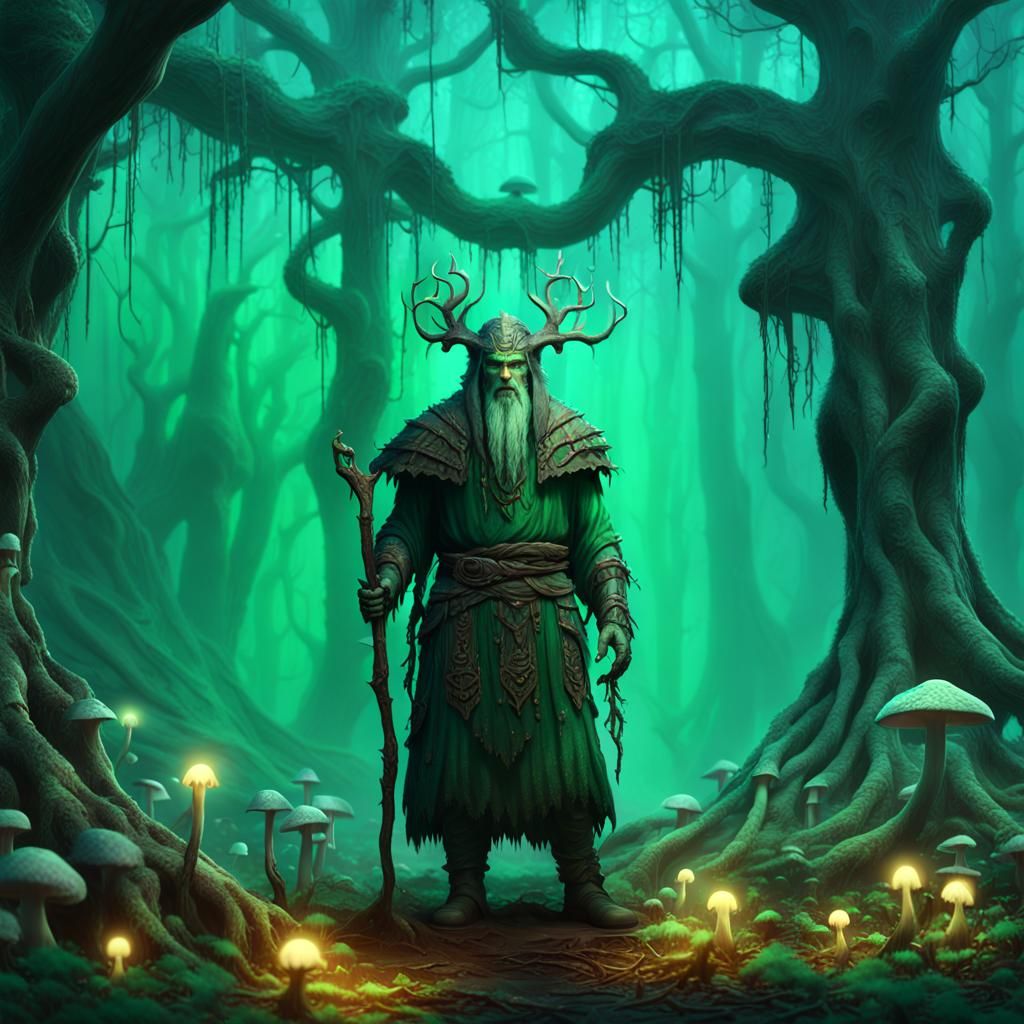 Dhampir Druid in Mystical Forest: Fantasy Art