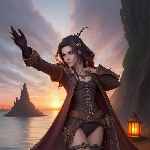Fantasy Gunslinger at Sunset Over Bay