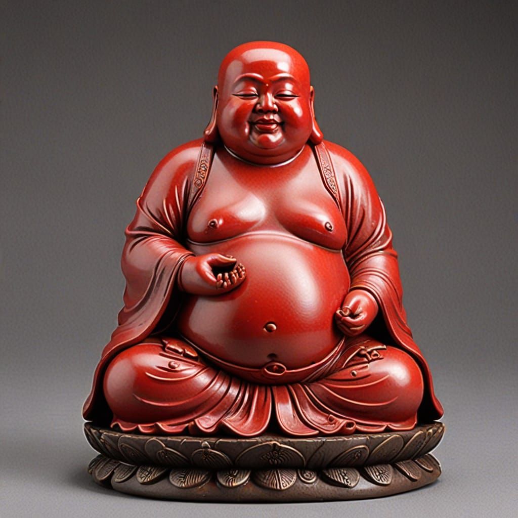 Red Plaster Hotei Buddha Figurine