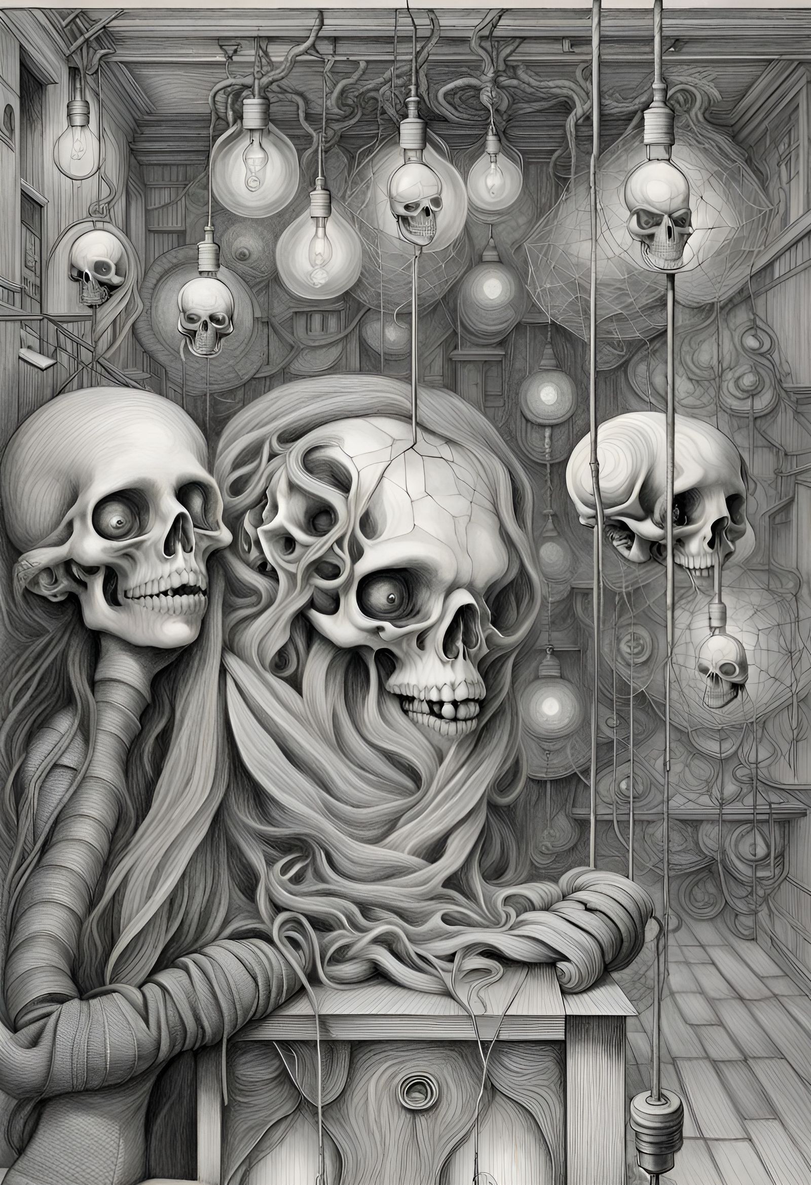 Surreal Stitched Face in Hallway, Pencil Drawing