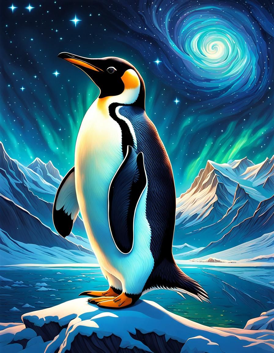 Penguin Family Under Aurora Borealis: Astral Illustration