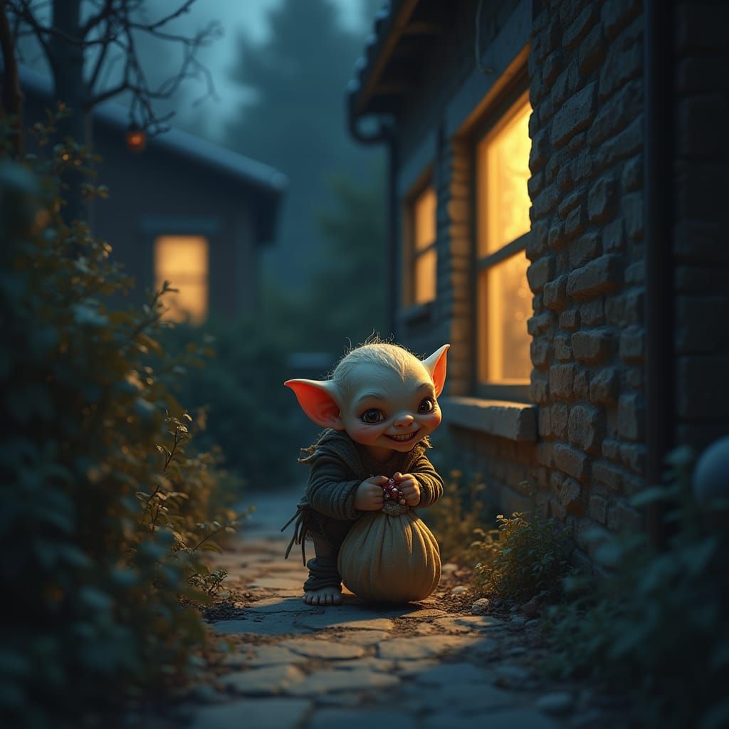 Photorealistic Goblin Sneaking Through Modern House