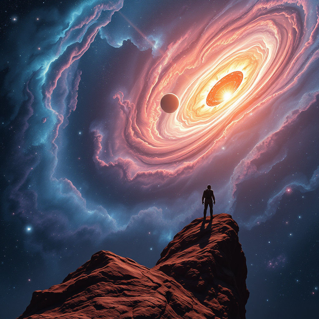 Astronaut Gazing at Galaxy with Interdimensional Rift