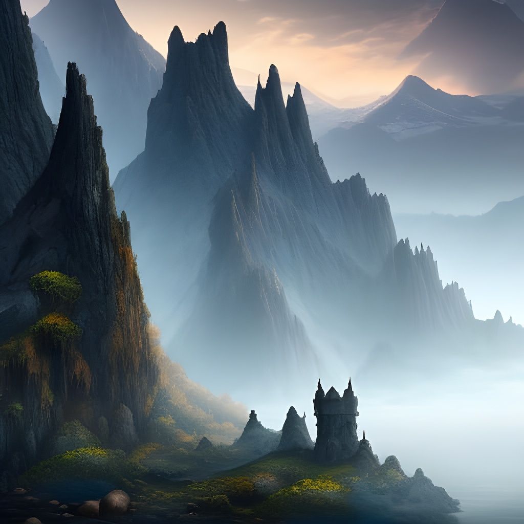 Misty Landscape with Stone Giants and Castle