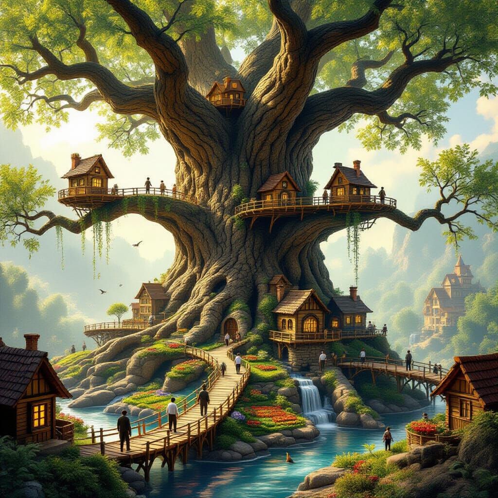 Miniature Villages on Branches of Ancient Tree
