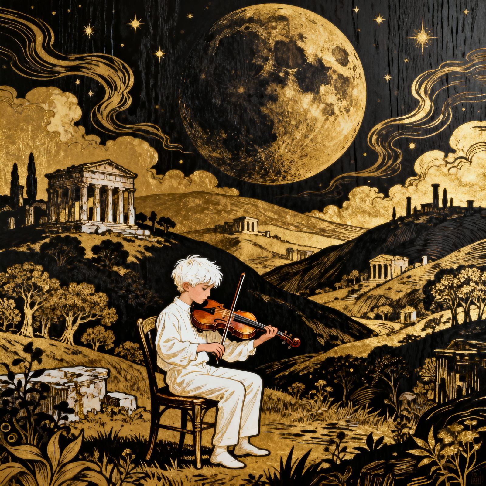 Boy Plays Viola in Cosmic Dreamscape, Gold Woodcut Style
